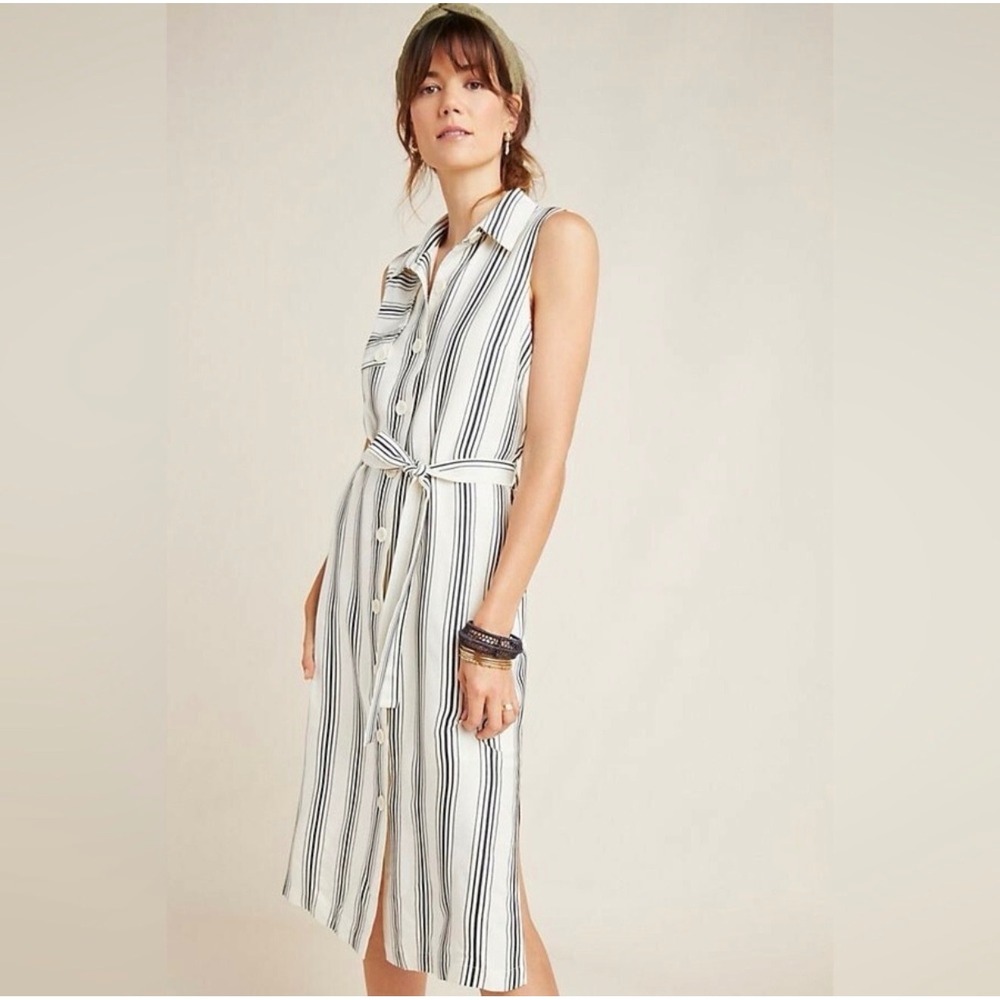 Maeve Sleeveless Button-Front Midi Dress in White with Navy Stripes